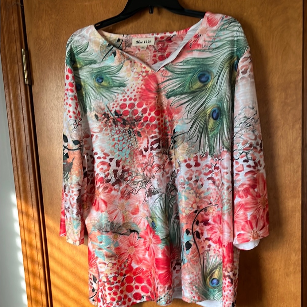 Pink and Red Graphic Relaxed Blouse 3X